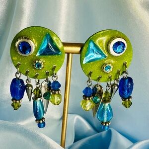 Vintage 1980s Green & Blue Beaded Statement Earrings – Mixed Media Art Jewelry